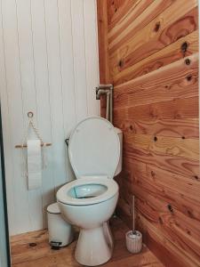La salle de bains est pourvue de toilettes et d'un mur en bois. dans l'établissement Каравана Бохемия, à Tchernomorets