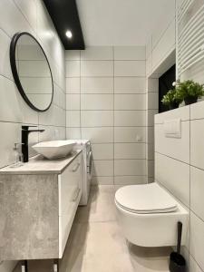 a bathroom with a toilet and a sink and a mirror at Copernicus Street Apartment - Broken Flowers and Twin Peaks in Toruń