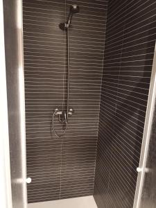 eine Dusche in einem Badezimmer mit einer Glastür in der Unterkunft Pensión KM66 Palas de Rei in Palas de Rei