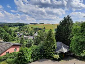 uma vista superior de uma aldeia com árvores e casas em Kleine Auszeit Eifel em Nettersheim