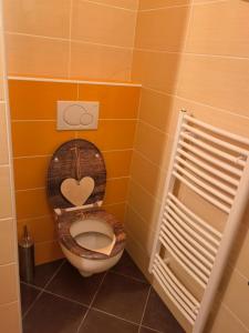 a bathroom with a toilet with a wooden seat at Apartmánový dom Kamzík apt. 16 in Donovaly