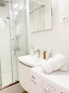 a white bathroom with a sink and a washing machine at Apartmani Stupin Čeline in Podglavica +22 photos
