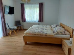 een slaapkamer met een bed, een bureau en een stoel bij Appartement Lindenheim in Sankt Kanzian