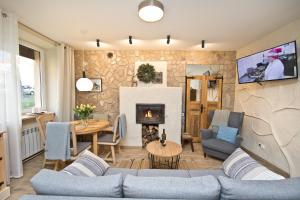 a living room with a couch and a fireplace at Apartament Nieoczywisty in Stronie Śląskie