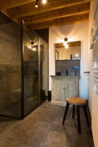 ein Bad mit einer Dusche, einer Bank und einem Stuhl in der Unterkunft B&B Fagus in Buggenhout
