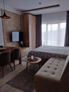 a hotel room with a bed and a couch at Apartment Deluxe Sunny Valley Milmari S8 in Kopaonik