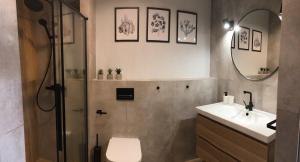 a bathroom with a shower and a toilet and a sink at Slow Life Apartment Mechelinki in Mechelinki +20 photos
