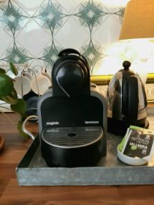 a black toaster and a tea kettle on a counter at Quiet apartment in Antwerp near parc - B&B InterMezzo - business & leisure in Antwerp
