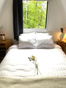 a bedroom with a white bed with a window at L'évasion - Bungalow 102 in Durbuy +36 photos