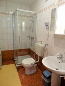 uma casa de banho com um chuveiro, um WC e um lavatório. em Apartments DARKA em Crikvenica