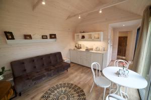 a living room with a couch and a table and a kitchen at JURA GLAMP artystyczne domki z kopułami IGLOO in Wola Kalinowska