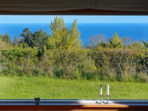 a window with a view of a field and the ocean at 6 person holiday home in F revejle in Fårevejle
