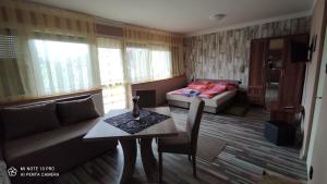 a room with a couch and a table and a bed at Apartman Edit in Hark&aacute;ny