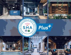 a collage of photos with the sha plus logo at BE Baan Paradise Hotel in Patong Beach