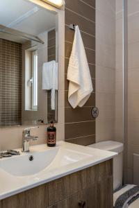 a bathroom with a sink and a mirror at Theos Holidays Apartments in Kato Daratso