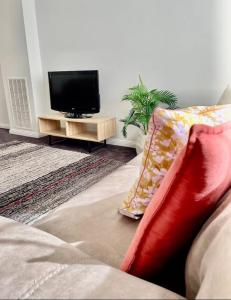 salon z czerwoną kanapą i telewizorem z płaskim ekranem w obiekcie Ballarat CBD Accommodation 2 Bd Townhouse Talbot Terrace w mieście Ballarat