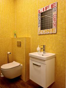 考納斯的住宿－RailWay Bed HOSTEL，一间带卫生间、水槽和镜子的浴室