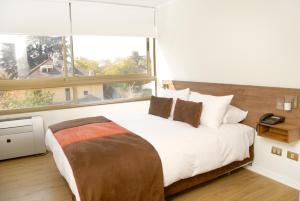 um quarto com uma cama e uma grande janela em Apart Hotel Providencia em Santiago