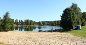 a playground next to a lake with a swing at Tuuli Majutus in Tõrva +5 photos