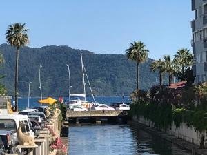 a group of boats parked next to a marina with palm trees at İde Beach Home in Marmaris