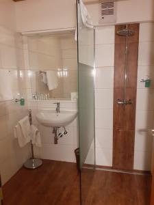 a bathroom with a sink and a shower at Gasthof Brauerei Kofler in Rottenmann