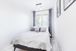 a bedroom with a bed and a window at Apartament Róża Wiatrów Giżycko/Wilkasy in Wilkasy