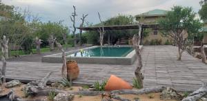 a backyard with a swimming pool and a house at Thobolo's Bush Lodge in Kachikau