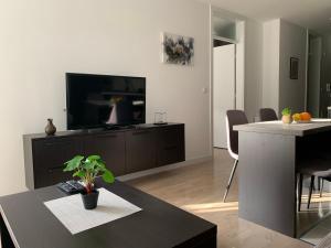 a living room with a flat screen tv and a table at Apartman Jasmin - Blizu Panonskih jezera i centra grada in Tuzla