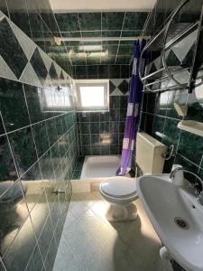 a green tiled bathroom with a toilet and a sink at Lucija Apartmani in Ražanj +57 photos