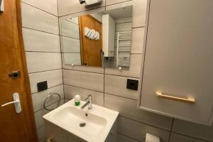 La salle de bains est pourvue d'un lavabo et d'un miroir. dans l'établissement PROBER_SOL D'OR, au Pas de la Case