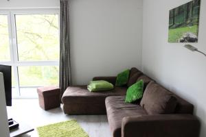 sala de estar con sofá marrón con almohadas verdes en FeWo Auszeit, en Rieden