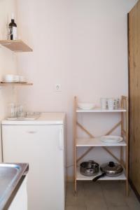 a kitchen with a white refrigerator and white shelves at Aroma Studios in Lakíthra