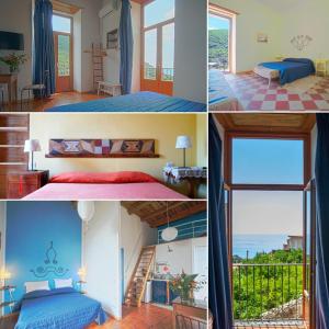 un collage de cuatro fotos de un dormitorio en La Casa sul Blu Albergo Diffuso, en Pisciotta