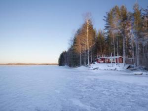 Holiday Home Riihiniemi by Interhome في Huuhanaho: بحيرة متجمدة مع منزل في الثلج