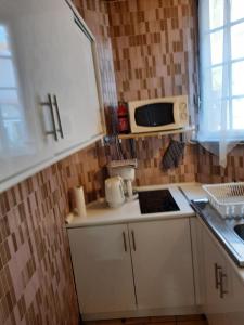 a small kitchen with a stove and a microwave at Romantic Studio Center in Colmar