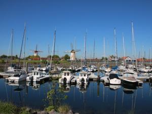 a bunch of boats docked in a harbor with windmills at Holiday Home Ruisweg 51 by Interhome in Wemeldinge
