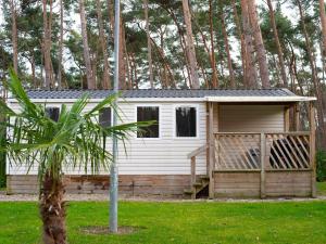 a small white cabin in a yard with trees at Holiday Home De Brenkberg-1 by Interhome in Schinveld