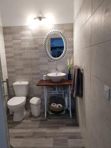 ein Badezimmer mit einem Waschbecken, einem WC und einem Spiegel in der Unterkunft Adeyu Tropical in Tarajalejo