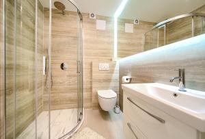 a bathroom with a shower and a sink and a toilet at Casa Aurelia - Mali Tone in Krk