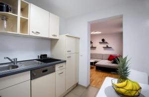una cocina con fregadero y un sofá en una habitación en FeWo 02 Maisonette im Carre`Charlott, en Pulsnitz