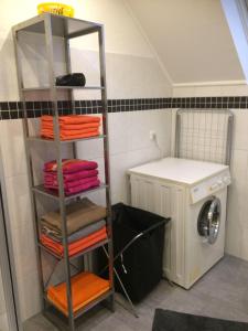 a towel ladder in a laundry room with a washing machine at Ferienwohnung-Michels in Orlenbach