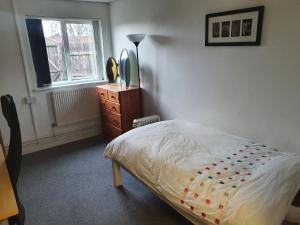 a bedroom with a bed and a dresser and a window at Dan's Homestay in Bristol