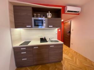 a kitchen with a sink and a microwave at Frank & Fang Apartments MK1 in Budapest