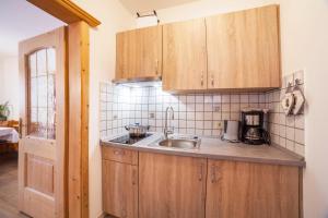 a kitchen with wooden cabinets and a sink at Sonnenparadies Apartement 3 in Saltusio