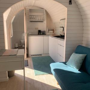 Kuldallika igloo house and iglusauna في Kullamäe: غرفة معيشة مع أريكة زرقاء ومطبخ