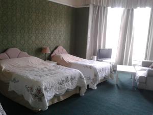 エディンバラにあるCapital Guest Houseのベッドルーム1室(ベッド2台、テレビ、ソファ付)