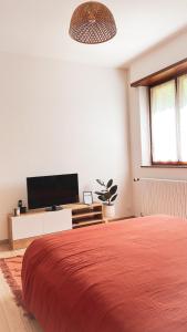 een slaapkamer met een rood bed en een flatscreen-tv bij La Araucania, 2 personnes - WIFI in Rombach-le-Franc