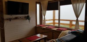 a room with two windows with a couch and a tv at Casuta de Vacanta Marisel, Cluj in Mărişel