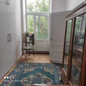 einen Flur mit einer Tür, einem Stuhl und einem Teppich in der Unterkunft Атмосферная квартира в центре in Odessa