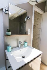 a bathroom with a sink and a mirror at Le Belvosgien in Gérardmer +39 photos